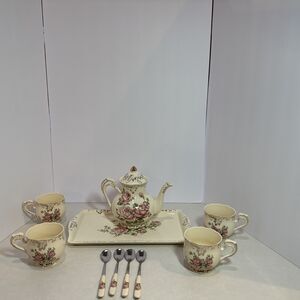 Vintage Floral Tea Set Pink Roses Teapot Cups Tray Spoons Shabby Chic